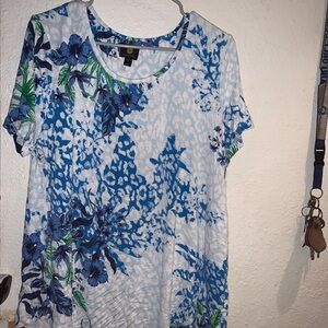 JM Collection Blue and Green Floral Scoop Neck Short Sleeve Top